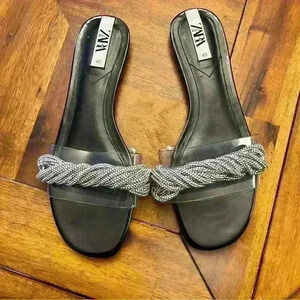 Zara Sandals Size 40 Black With Clear Crystal Strap Business Casual Dressy